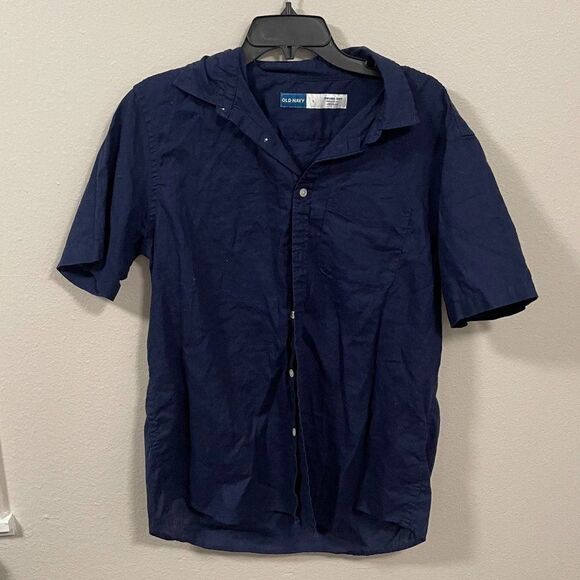Old Navy Men's Navy Blue Linen Button Down Shirt size large - Picture 1 of 3
